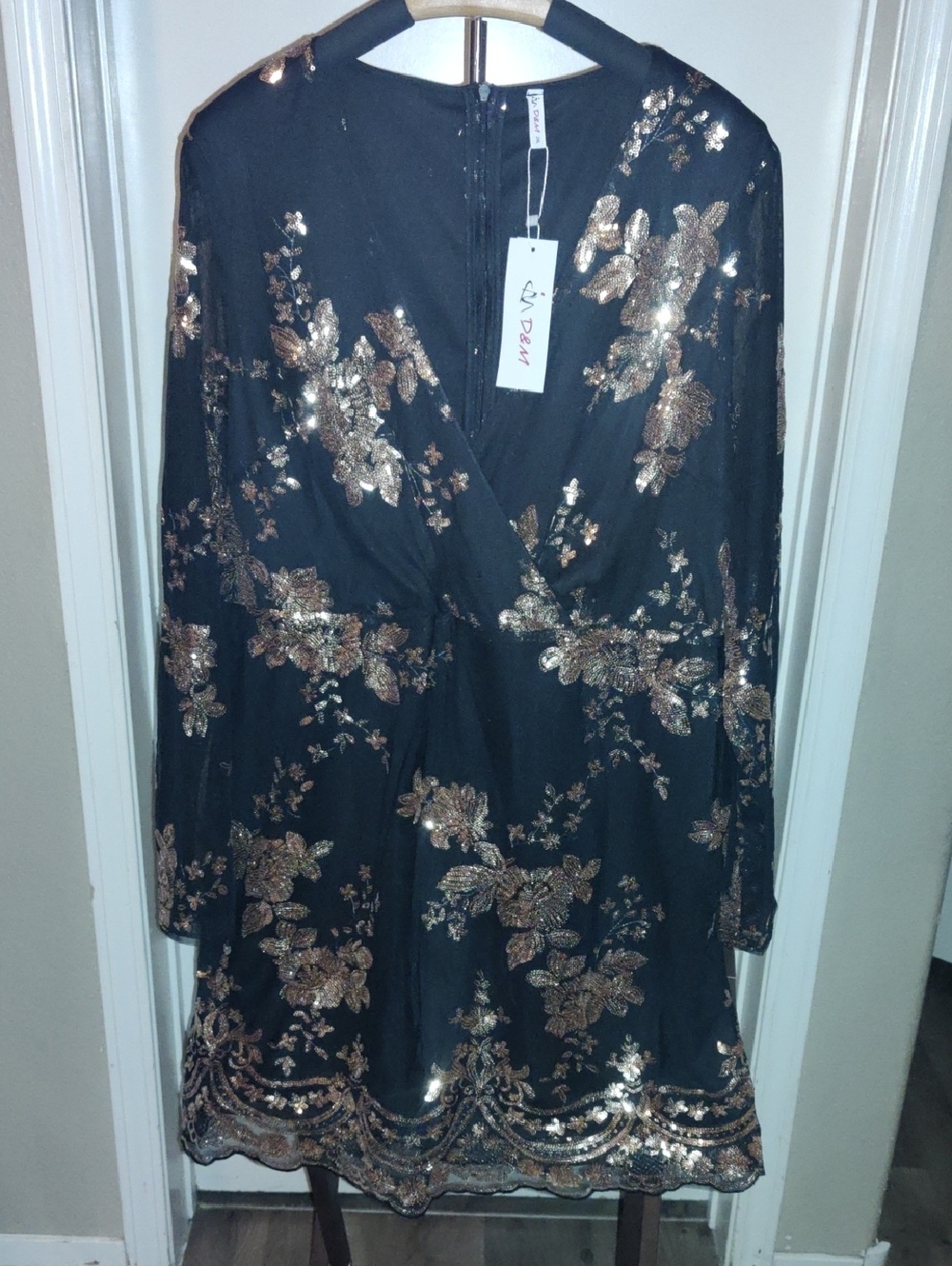 Black Sequin Floral Mini Dress - Gold Embroidery